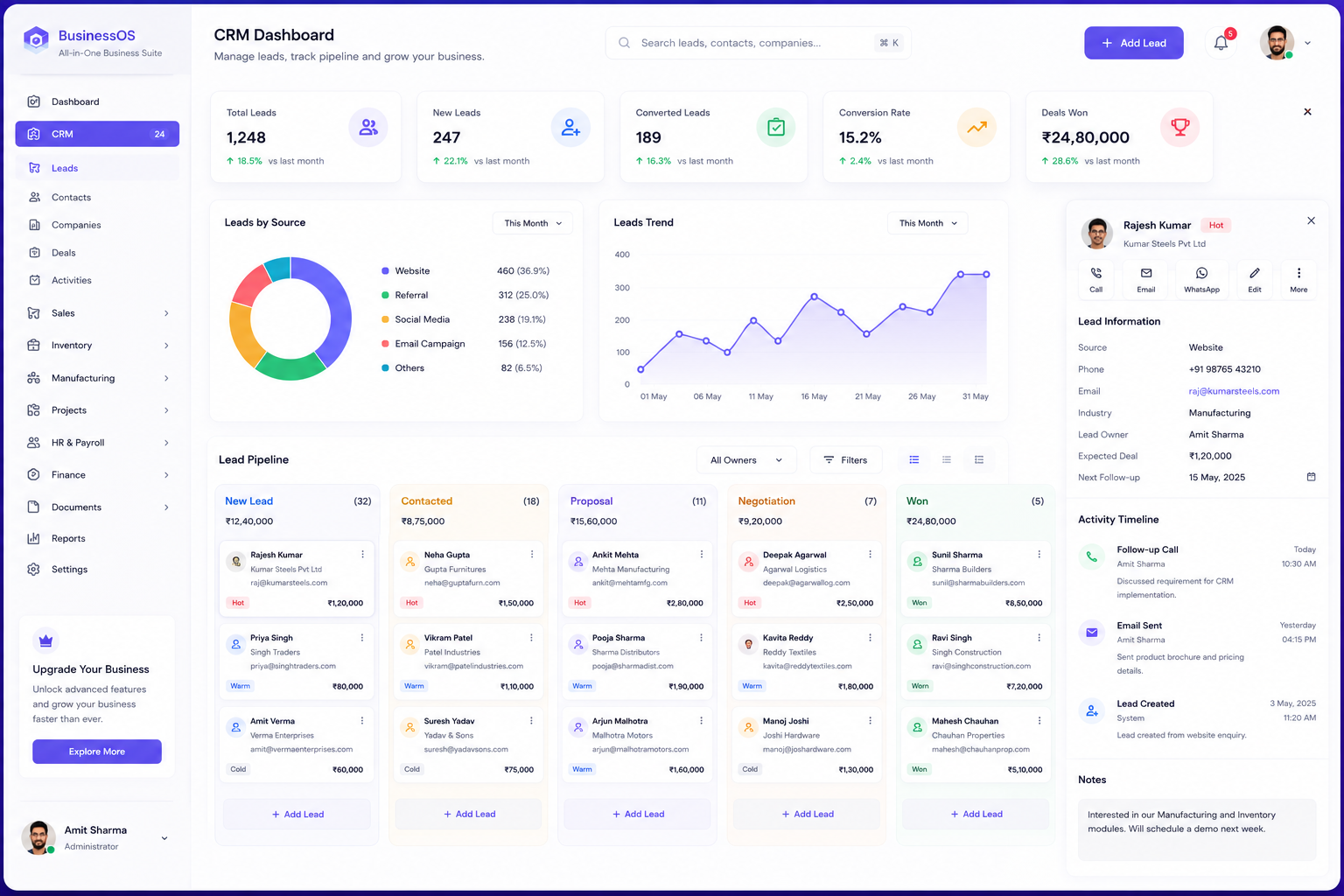 BusinessOS CRM dashboard — lead pipeline, contacts & activity timeline
